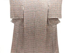 大正ロマン　紋錦紗格子に抽象鳥・蝶模様着物